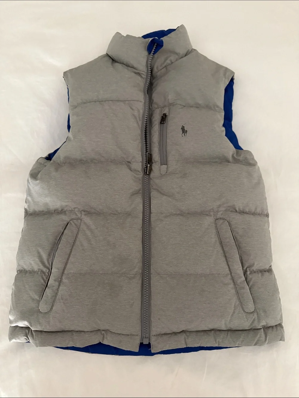 Ralph Lauren Grey Puffer Vest with Blue Trim